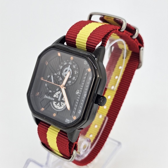 Men's Watch 42MM Black Dial Date Indicator Red Yellow Canvas Bands New Battery - Picture 3 of 12